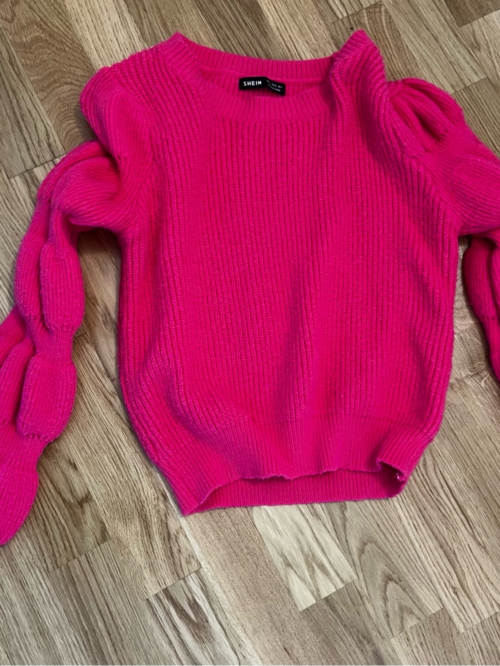 SHEIN Bright Pink Ribbed Puff-Sleeve Sweater